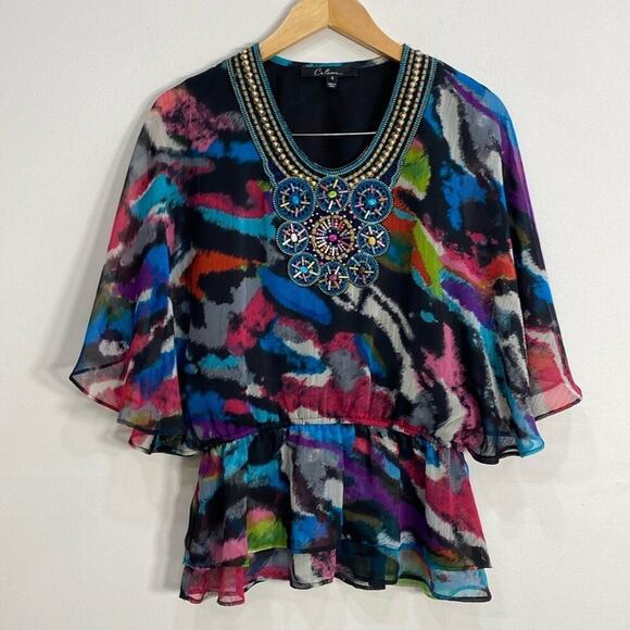 Calessa Blouse Art to Wear Beaded Flutter Sleeves Small - Picture 1 of 11